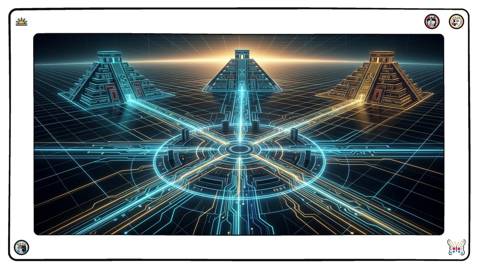 Three pyramids of light on a neon grid, each sending a causeway into one shared plaza at sunrise.