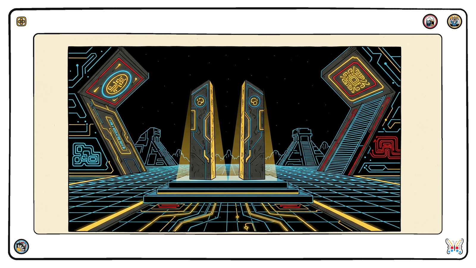Twin artifact monoliths standing side by side on one pedestal