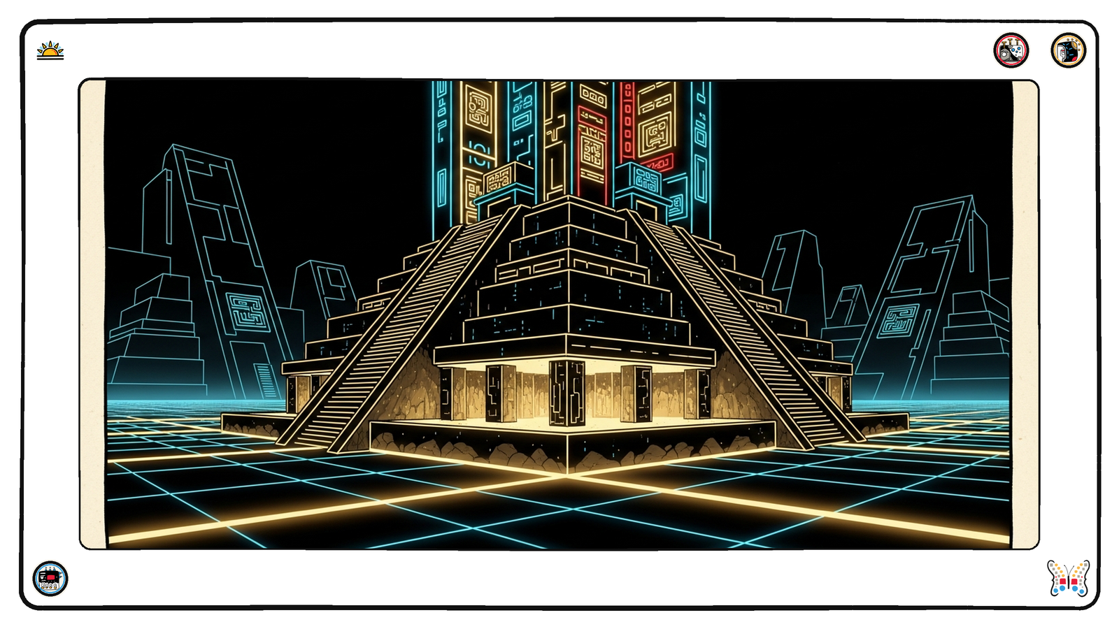 A glowing stepped-pyramid foundation bearing the neon towers built on top of it