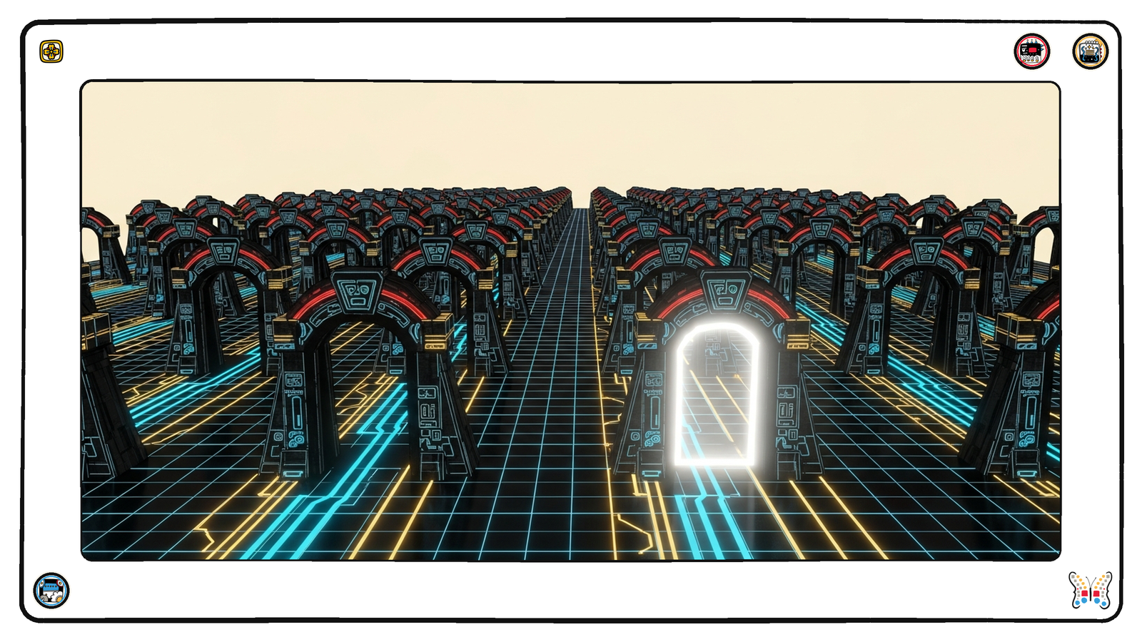 Rows of digital gateways with only one sealed by a glowing shield