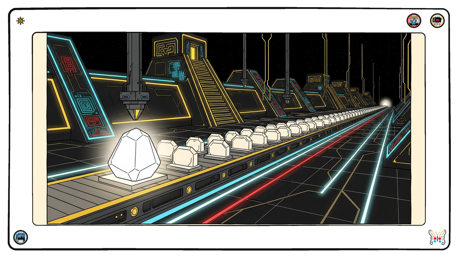 A glowing source crystal feeding an assembly line of identical tool modules