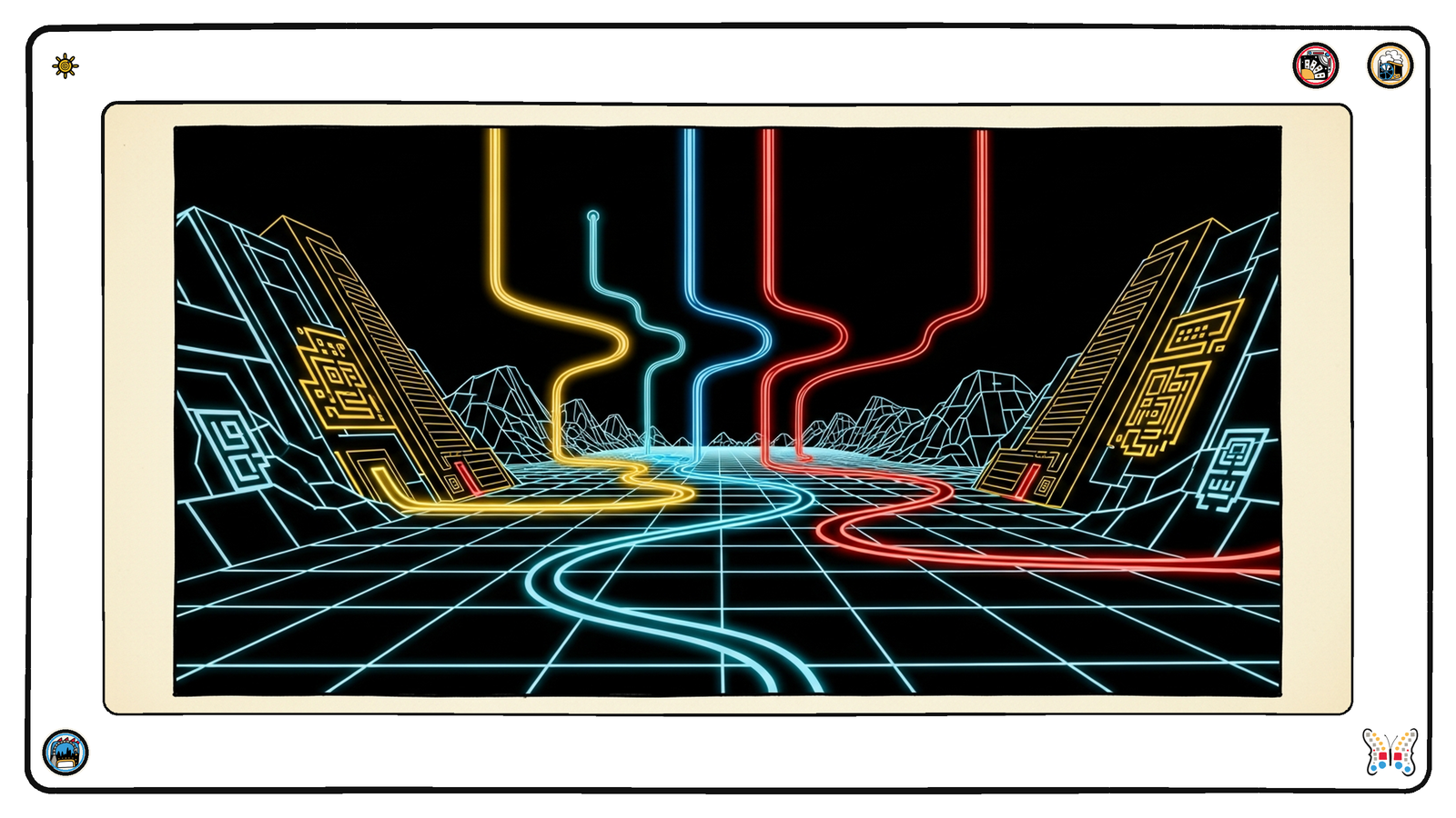 Several colored light-threads weaving separately across a neon grid plain