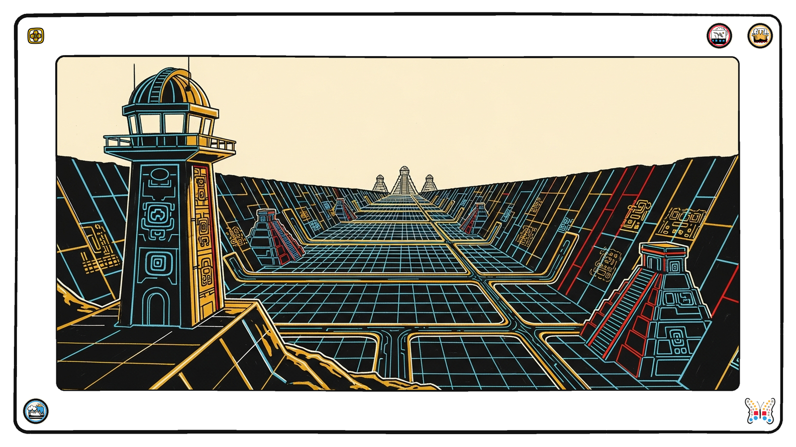 A watchtower observatory looking out toward distant structures rising on the horizon