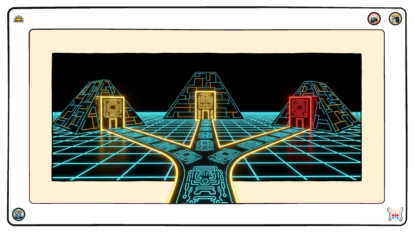 A single glowing source structure from which three light-causeways diverge across the neon grid toward three destination temples — the CLI, API, or MCP three-way fork.