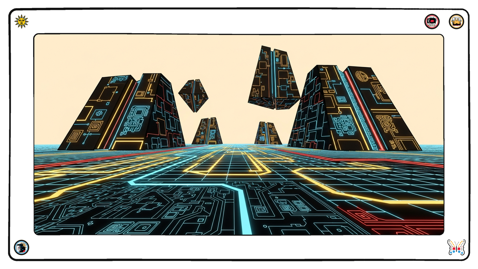 A luminous blueprint map of interconnected glowing paths unfurling across the floor beneath floating codex monoliths — API reference documentation becoming a navigable map.