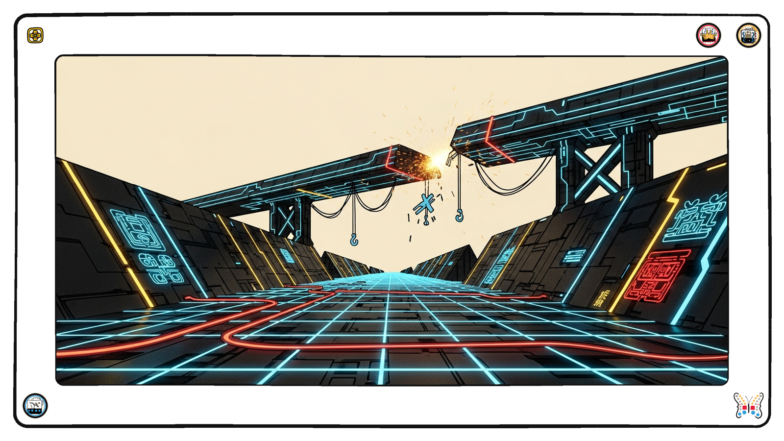 A heavily-loaded neon causeway under stress, a segment cracked and sparking while angular light-braces hold it up — MCP infrastructure running in production and showing wear.