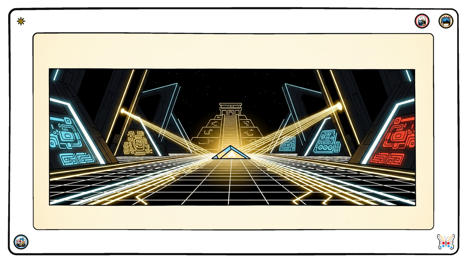 Pulses of light racing along grid channels into a central structure that lights up in response — webhooks as the event-driven nervous system waking an agent.