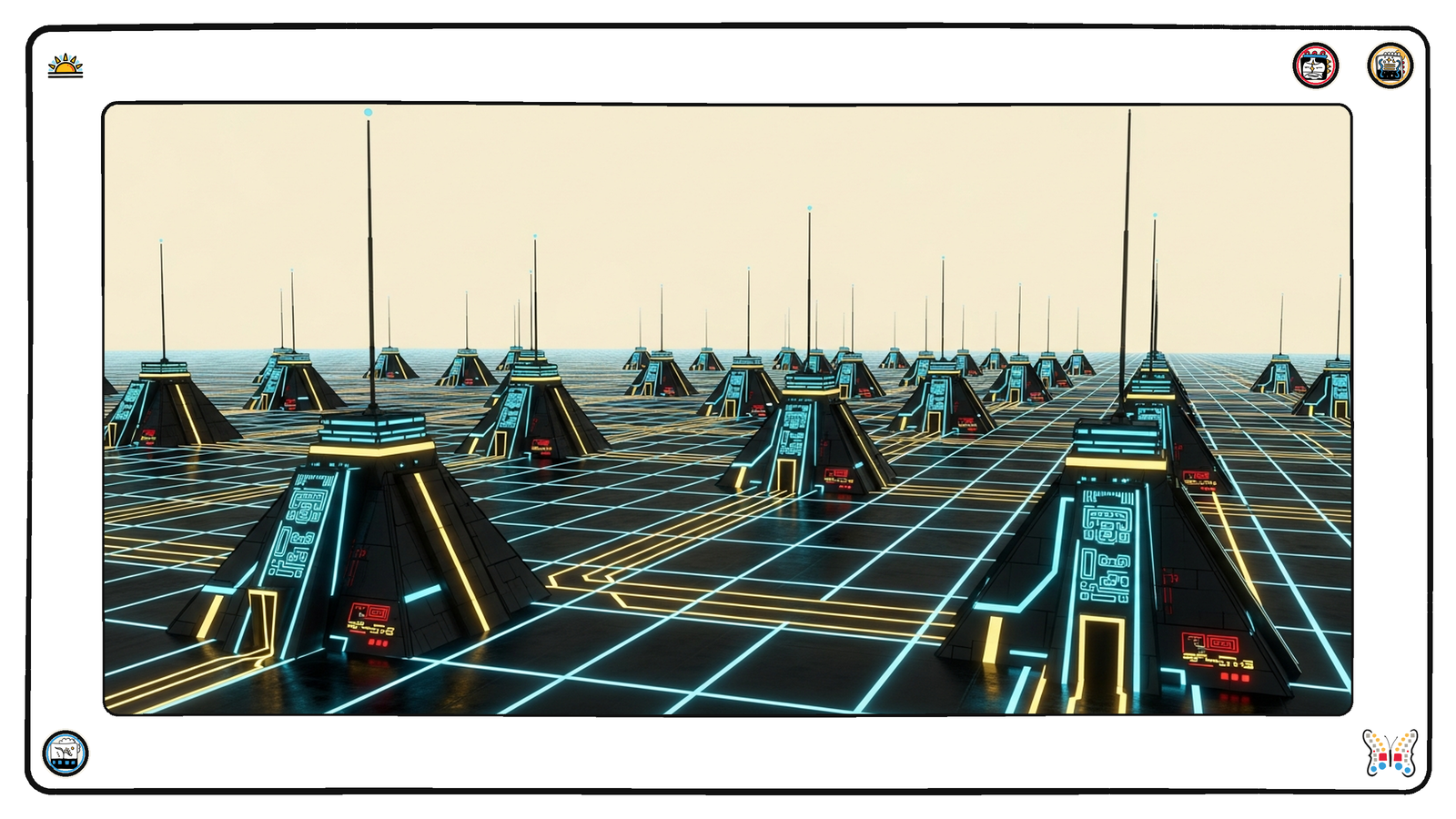 Dozens of small glowing product-monoliths across the grid, each sprouting an identical angular MCP antenna that pulses in sync — every product growing the same new interface at once.
