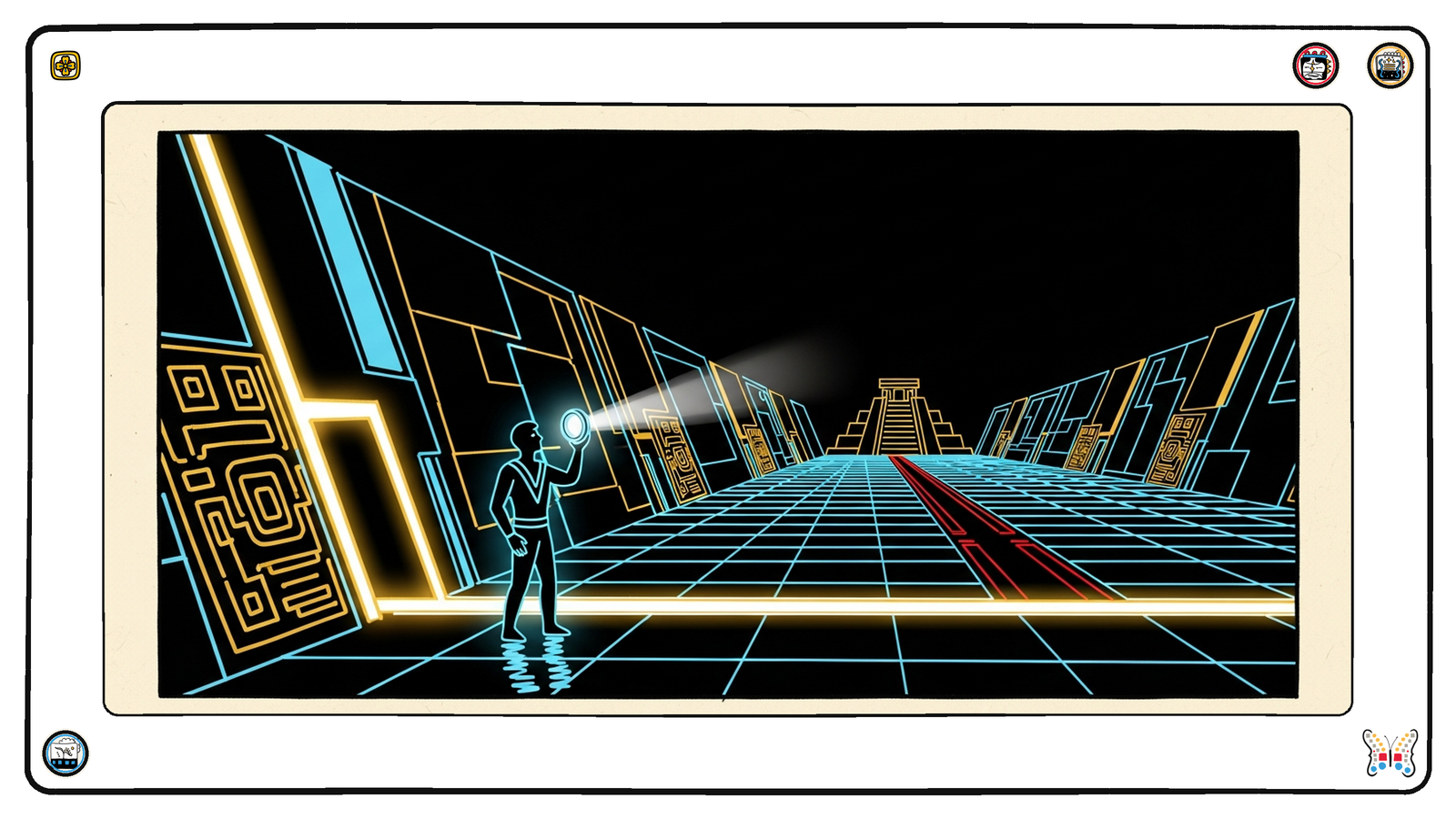 A figure at the consuming edge of the grid holding up a small glowing lens to inspect an incoming light-causeway before connecting — governance as a tool in the consumer's hand, not just the producer's.