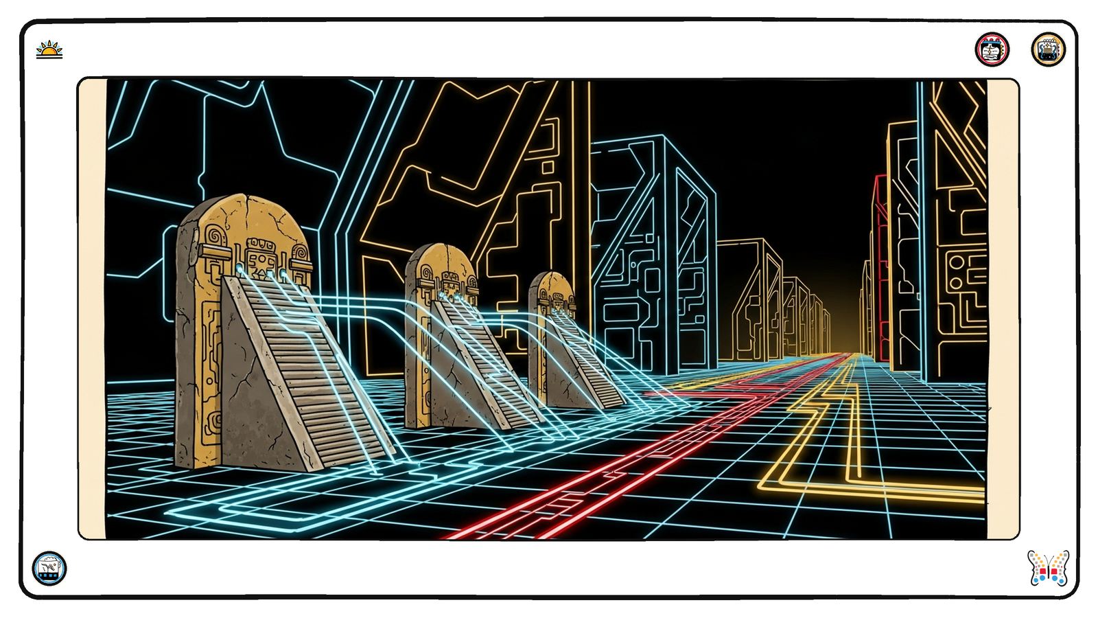 Ancient weathered stone glyph-tablets at the grid's edge being traced by beams of neon light and re-emerging as clean glowing angular workflow-conduits — old standards rewritten as modern API workflows without erasing their origin.