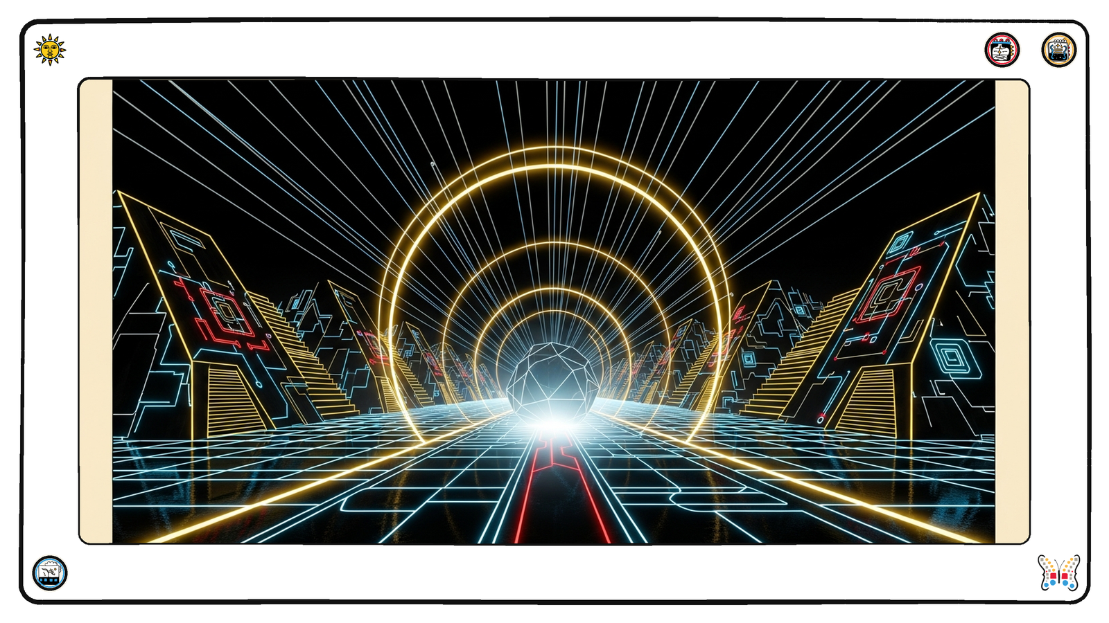 A luminous ledger-monolith at the center of the grid, light-conduits flowing in and metered streams of energy flowing out through glowing counters — MCP as a metered economy with a real cost of running it.