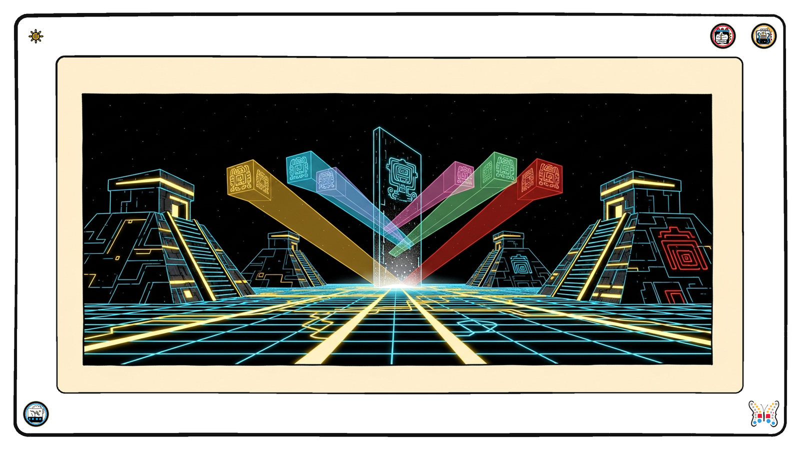 One central glowing master-spec monolith projecting several differently-tinted light-copies outward to distinct audience-platforms across the grid — a single canonical contract overlaid into many consumer-shaped views.