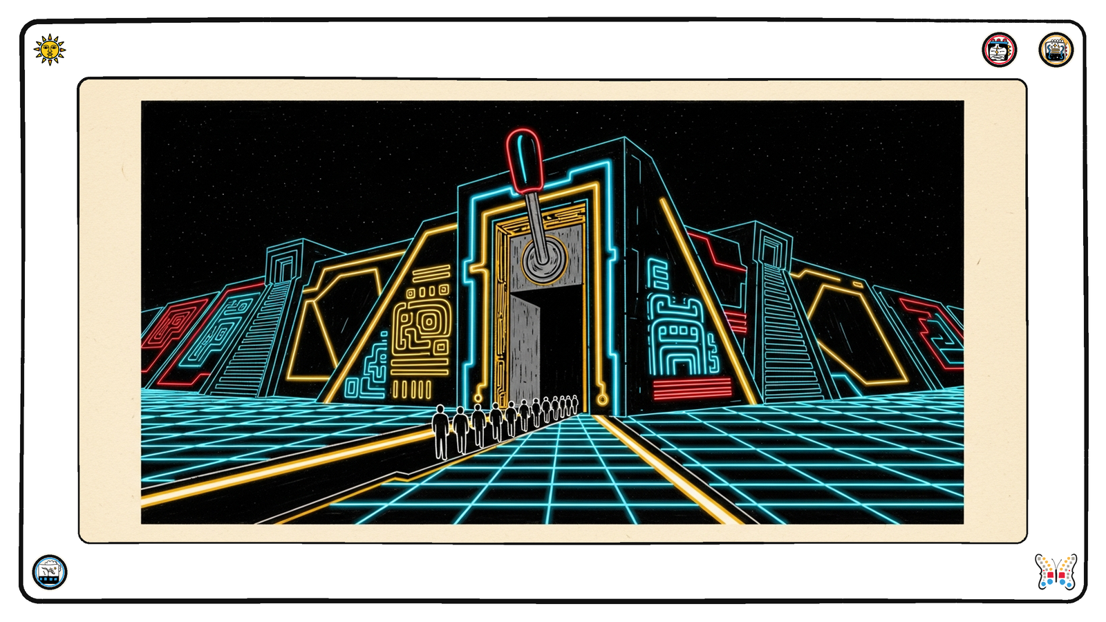A monumental neon doorway on the grid sealed with a single oversized manual lever only a human hand can reach, while agent-forms queue outside unable to pull it — onboarding still gated behind a button an agent cannot press.