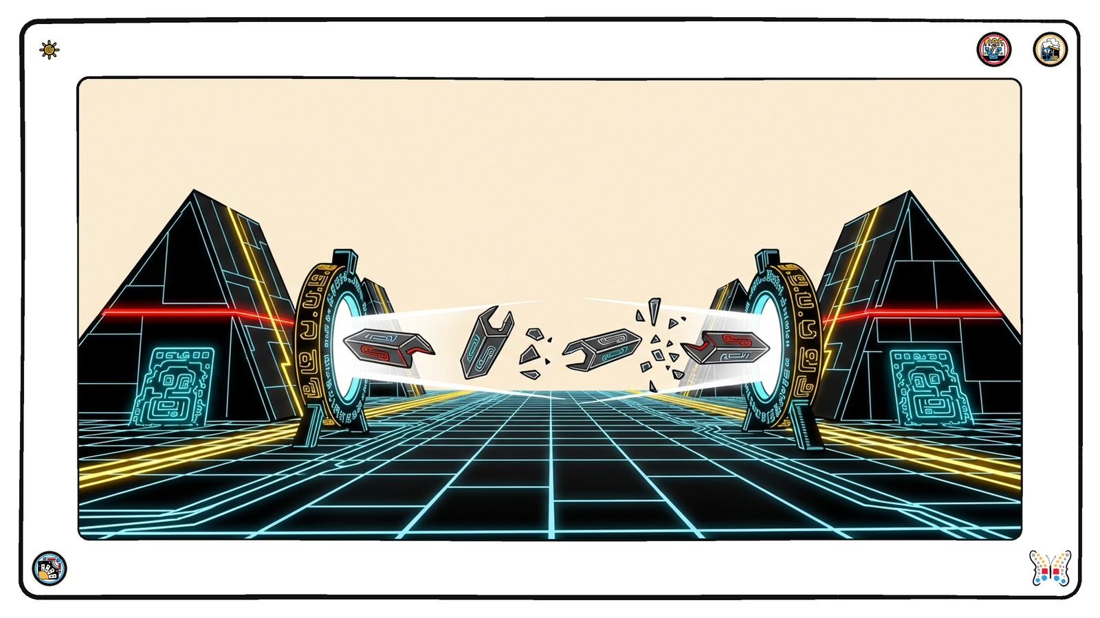 A luminous proving-ground on the grid where identical angular tool-forms pass one by one through a ring of measuring beams, some emerging bright and intact while others dim and fracture — capability being tested rather than assumed.