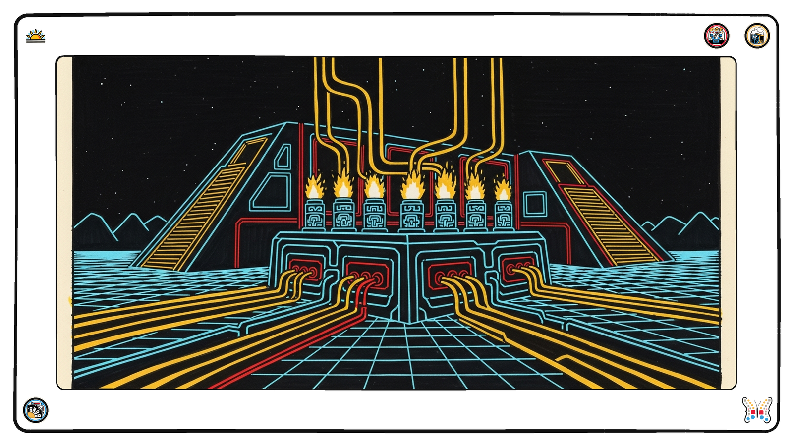 A neon substation buried beneath the grid's surface, thick light-conduits routing power through automatic valves that dim to near-dark and flare back to full brightness as demand arrives — infrastructure that scales itself down to nothing and back.