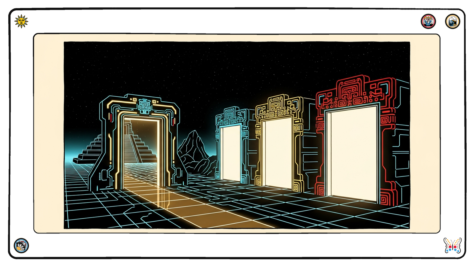 A grand neon entryway standing open on the grid with a clear illuminated path leading through it, while beside it several ornate false doorways glow just as brightly but open onto solid unlit wall — the difference between a real front door and a decorative one.