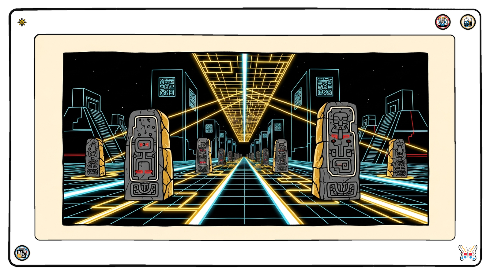 Ancient carved boundary-stones scattered across a dark plain, each one being traced by a beam of neon light that links it into a single glowing lattice — inherited fragments being surveyed into one coherent public record.