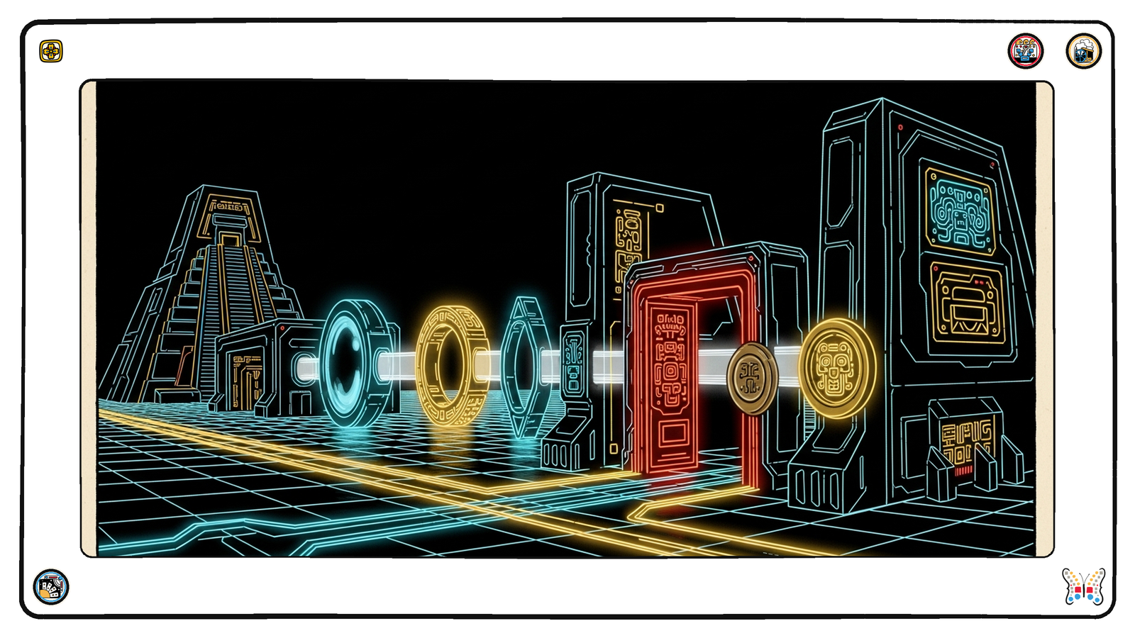 A colossal neon forge-complex on the grid where separate glowing components — a lens, a ledger, a seal, a gate — are being fitted together into one continuous illuminated machine, its parts clearly distinct but linked by light.