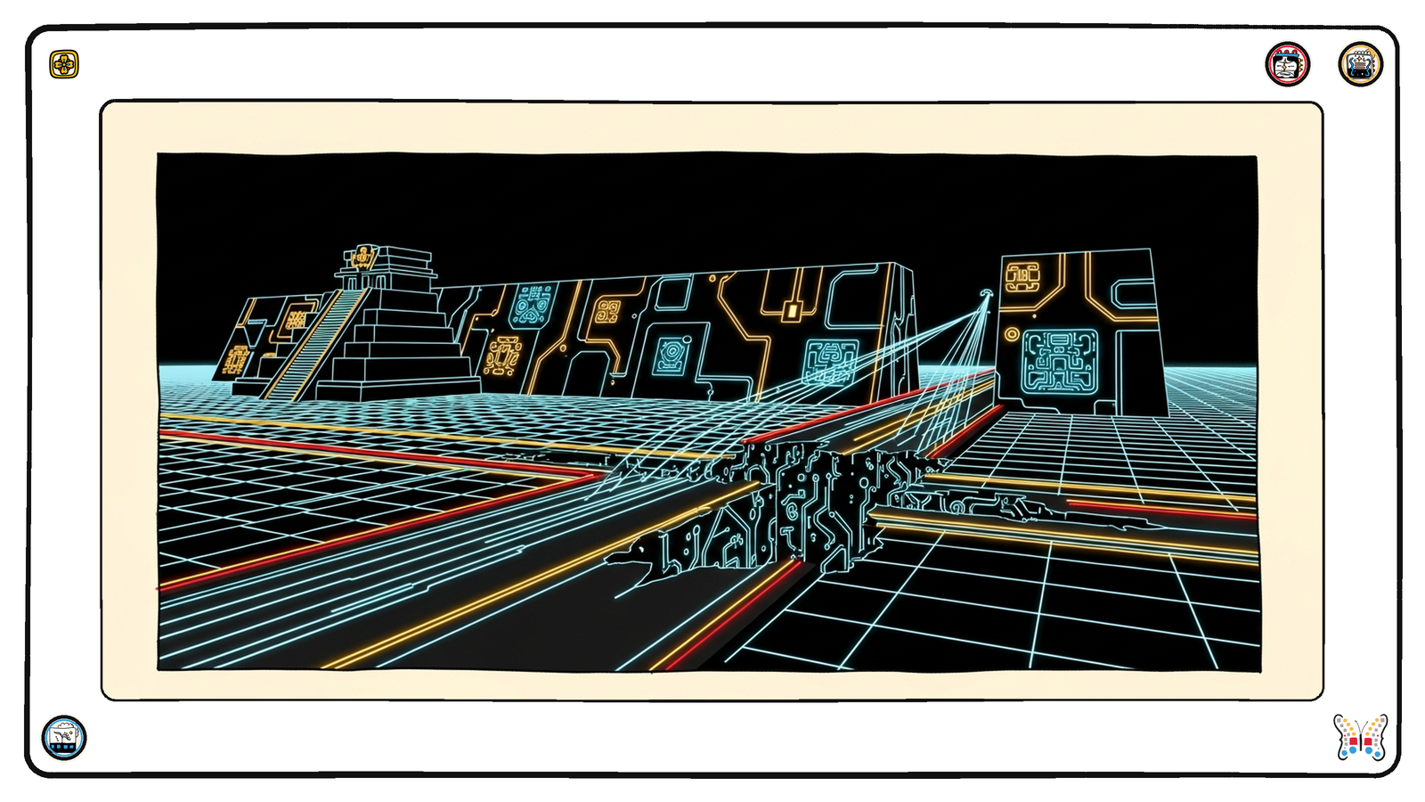 A vast neon protocol-causeway on the dark grid where a section of glowing roadway has been cut away and is being re-laid with new angular light-segments, while streams of travelling light halt at the seam and reroute — a road rebuilt while traffic is still on it.