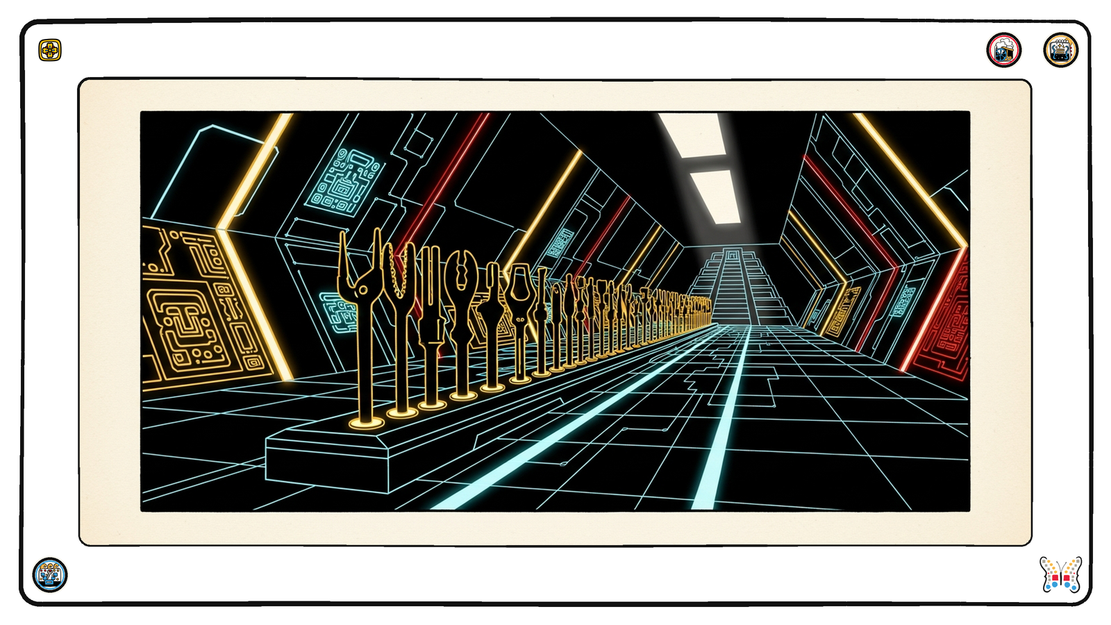 A long open rack on the dark neon grid holding many distinct angular hand-tools upright in individual glowing sockets, each a different silhouette, receding toward the horizon under a single bright overhead light-beam.