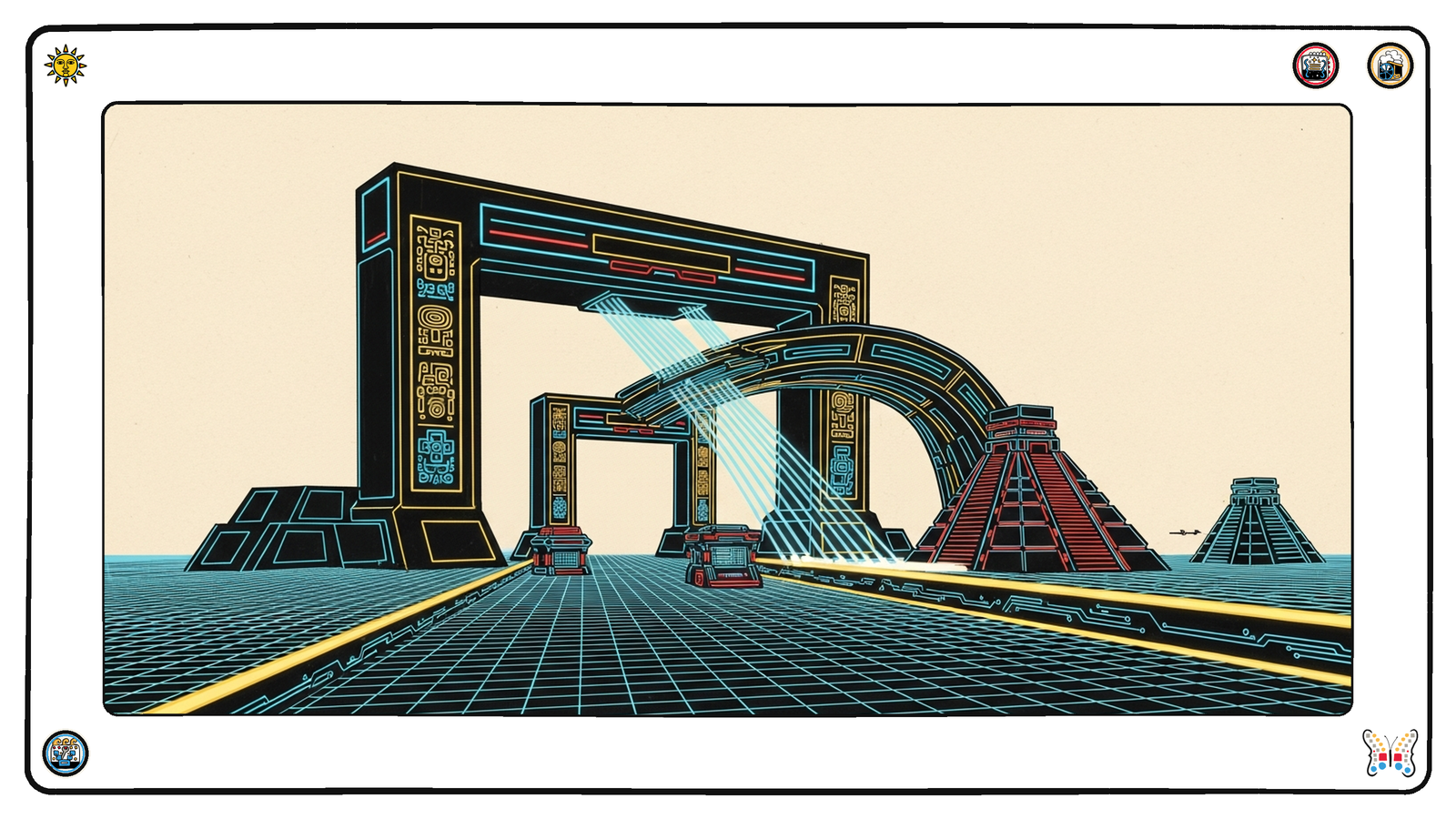 A colossal neon gateway-arch on the dark grid that has grown a second smaller arch directly out of its own flank, both spans carrying streams of travelling light through the same illuminated checkpoint structure — one piece of infrastructure sprouting a new limb.