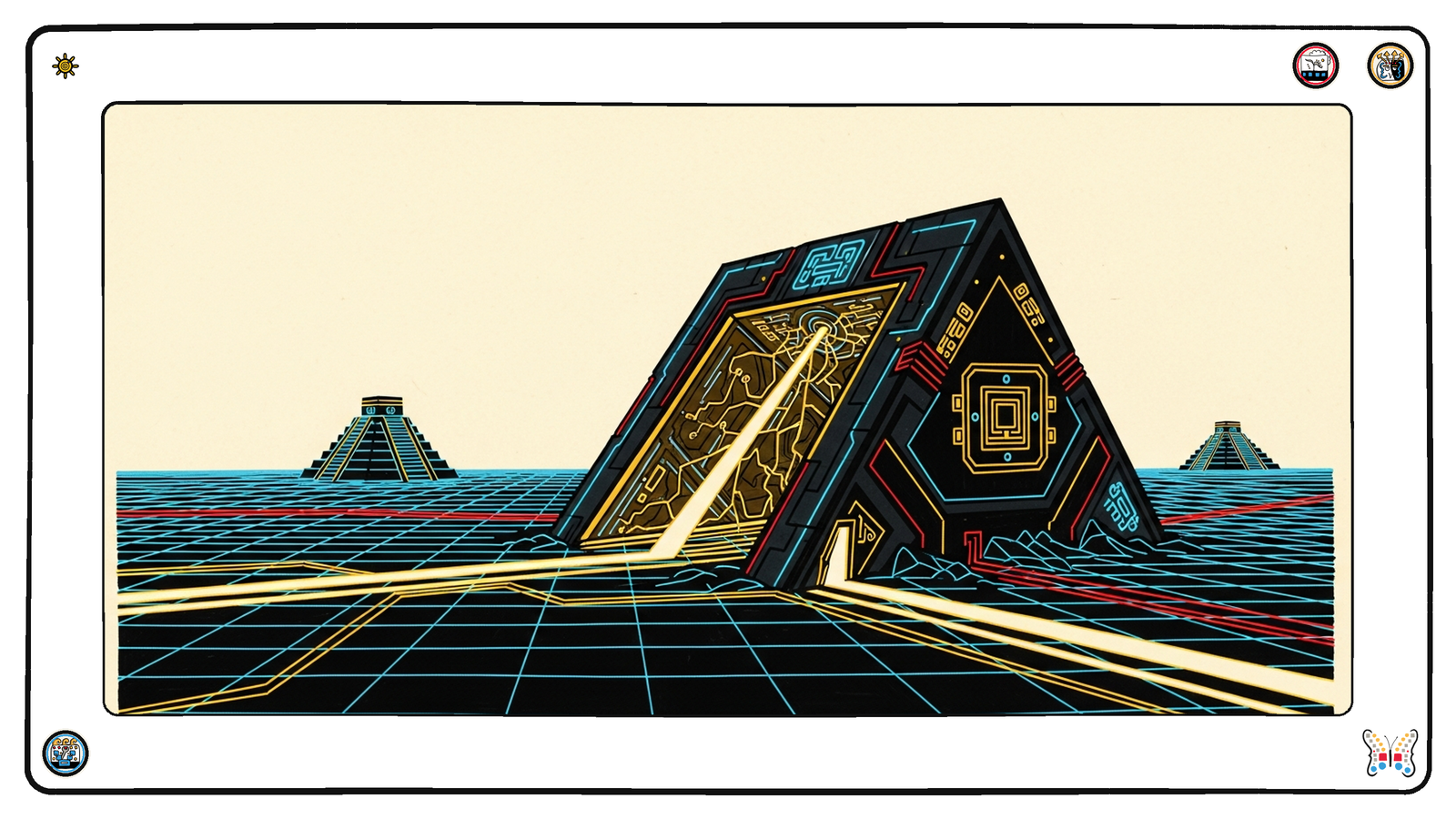 A dormant angular structure on the dark neon grid, long dimmed and half-buried, re-illuminating from within as a single precise beam threads into it and branches through its interior lattice — an old machine waking to a new purpose.