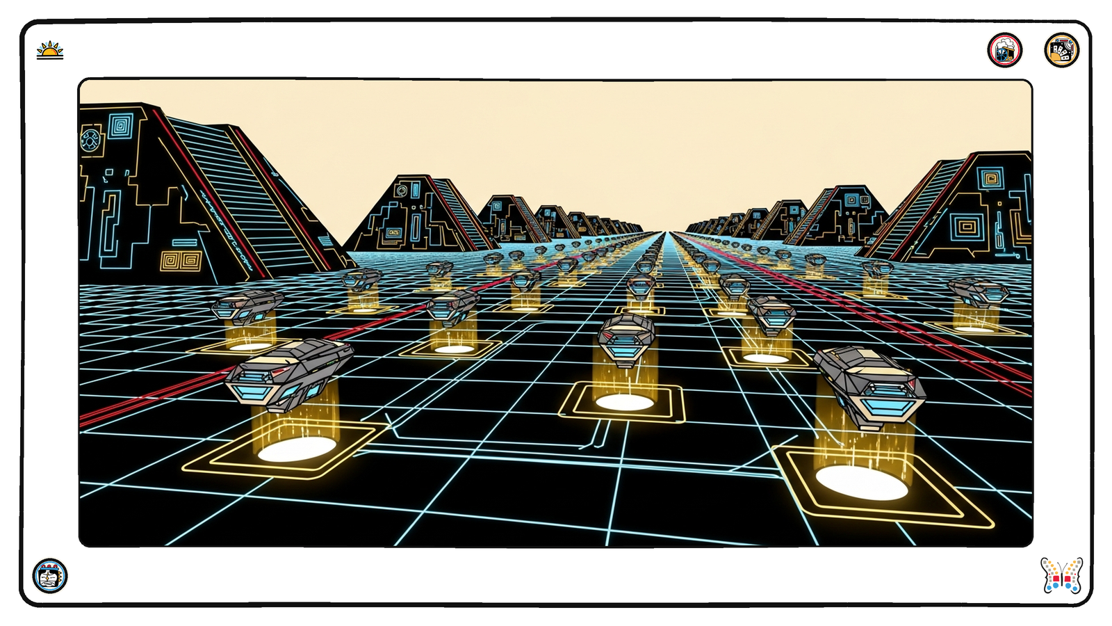 Many small angular light-craft descending in steady formation onto a vast dark neon grid, each settling into its own glowing docking-socket among hundreds of identical sockets stretching to the horizon — arrivals becoming routine.