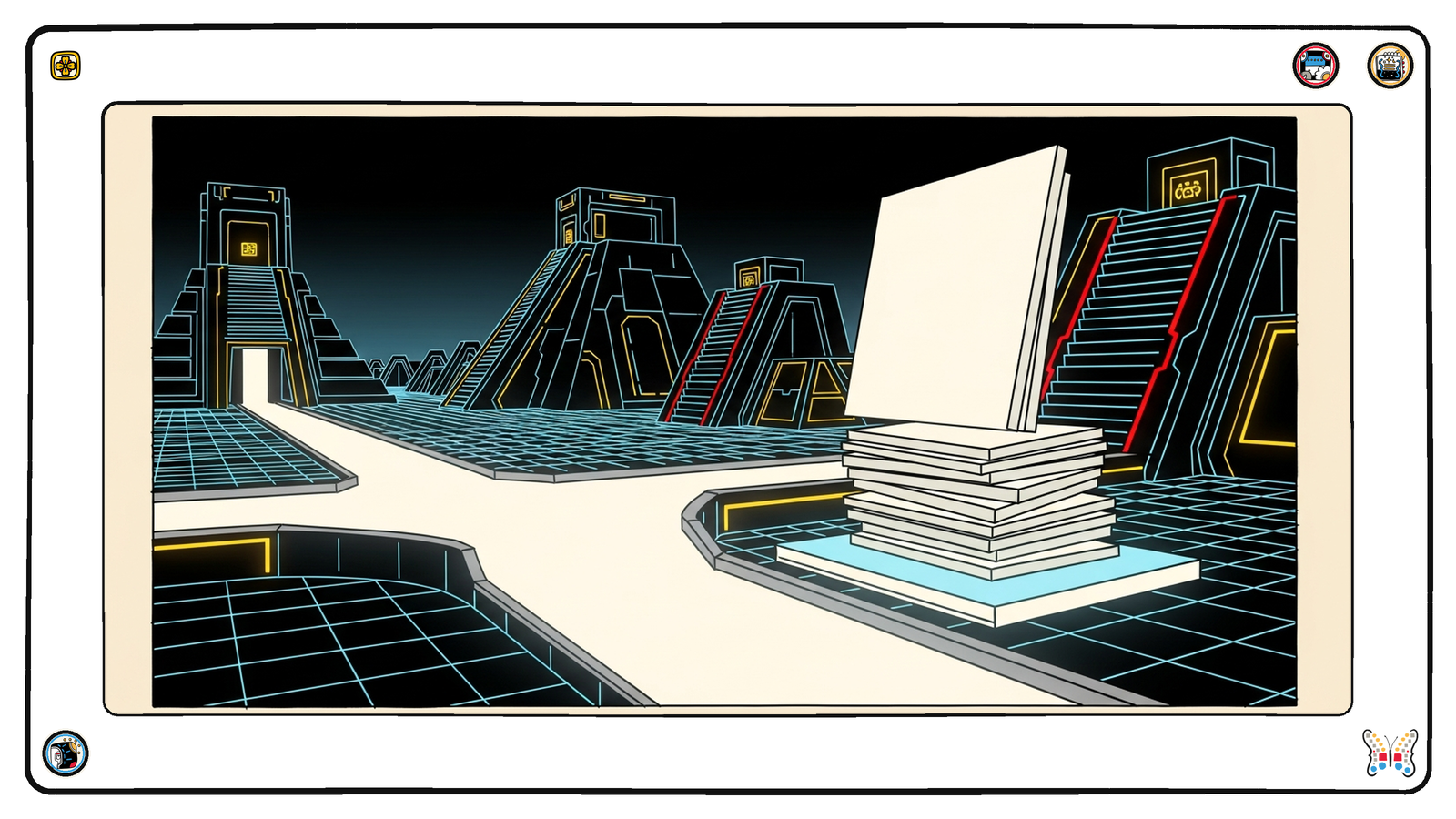 A luminous causeway across the dark neon grid dividing into two parallel spans, and beside the split a stack of smooth blank angular slabs lifted clear of a dimmed machine and set upright on its own free-standing pedestal of light.