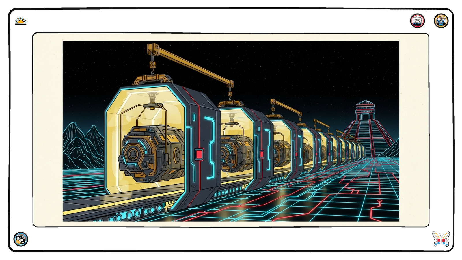 An old dormant angular machine lifted by light-cranes onto a conveyor and sealed inside a line of identical glossy new modules glowing with fresh neon edges, receding to the horizon — the same machine inside each one.