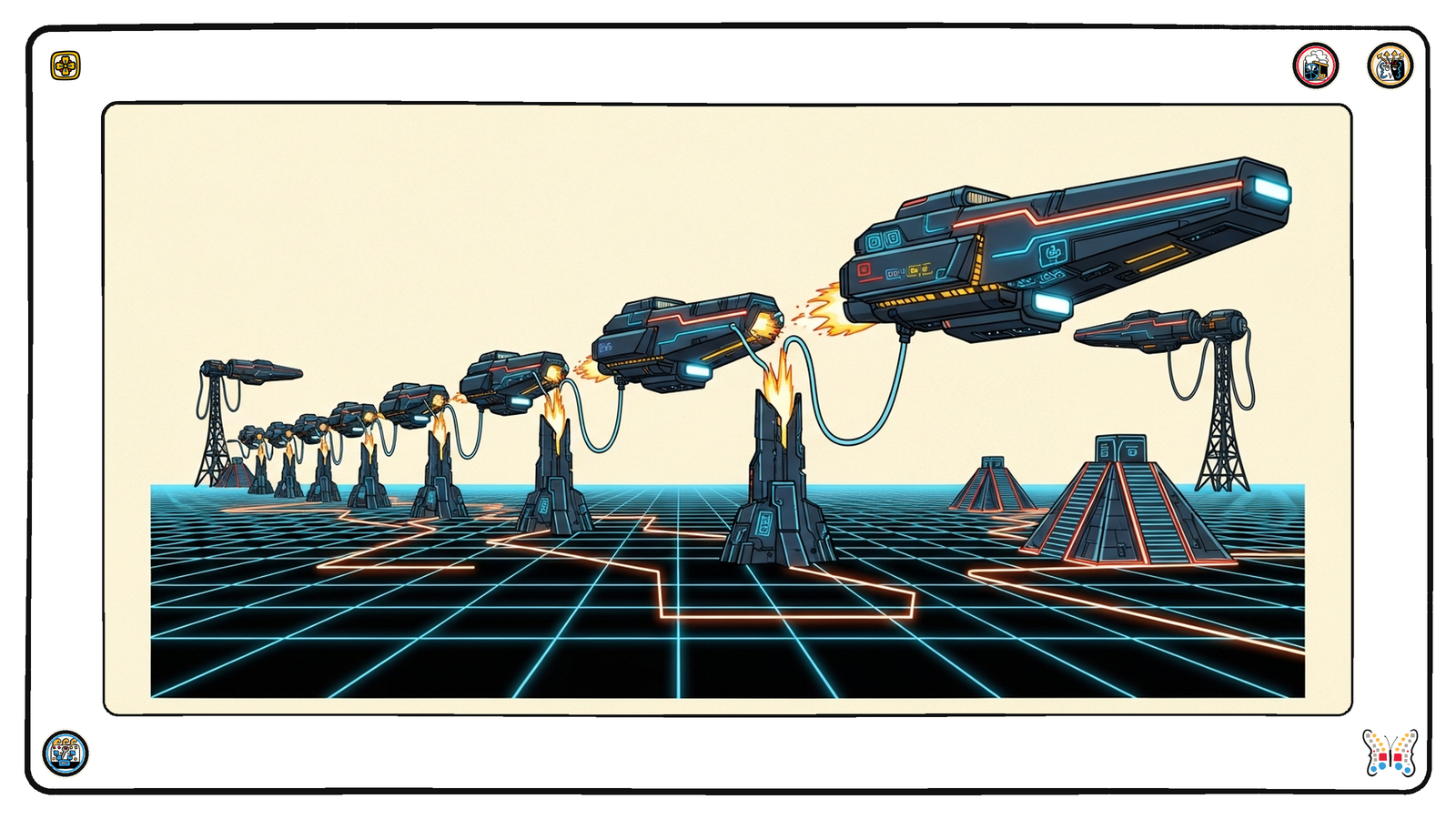 A long procession of angular light-vessels above a dark neon grid, each cutting away the glowing umbilical tether that tied it to a distant anchor-pylon and igniting a self-contained core inside its own hull.
