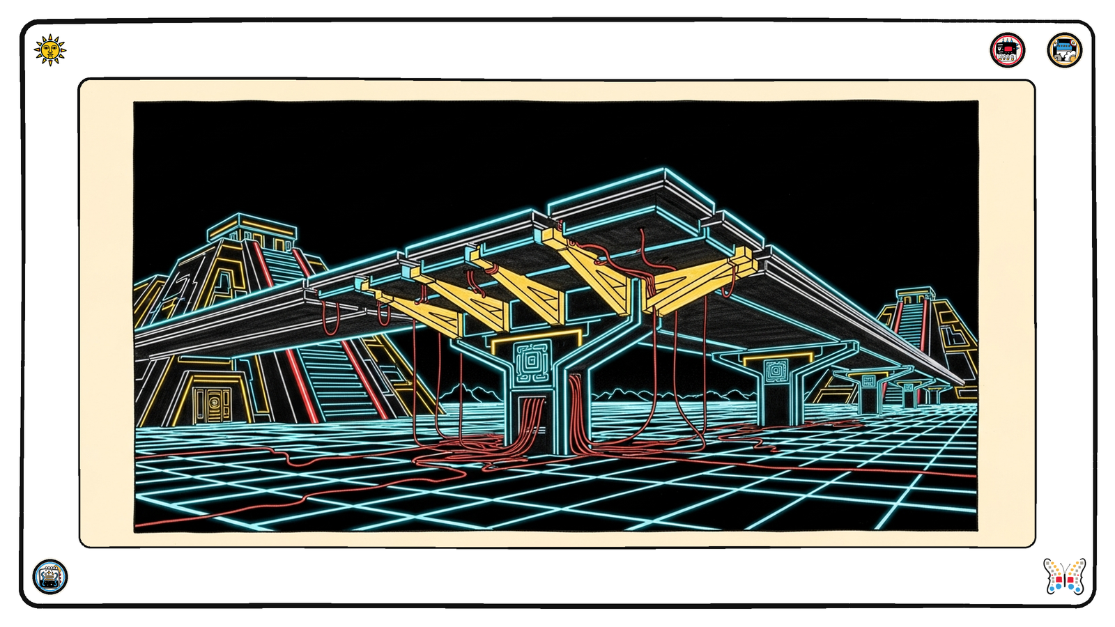 A raised neon causeway on the dark grid with its underside exposed, six new angular glowing struts being fitted into the load-bearing seams while thin dull-red filaments creep along the older joints.