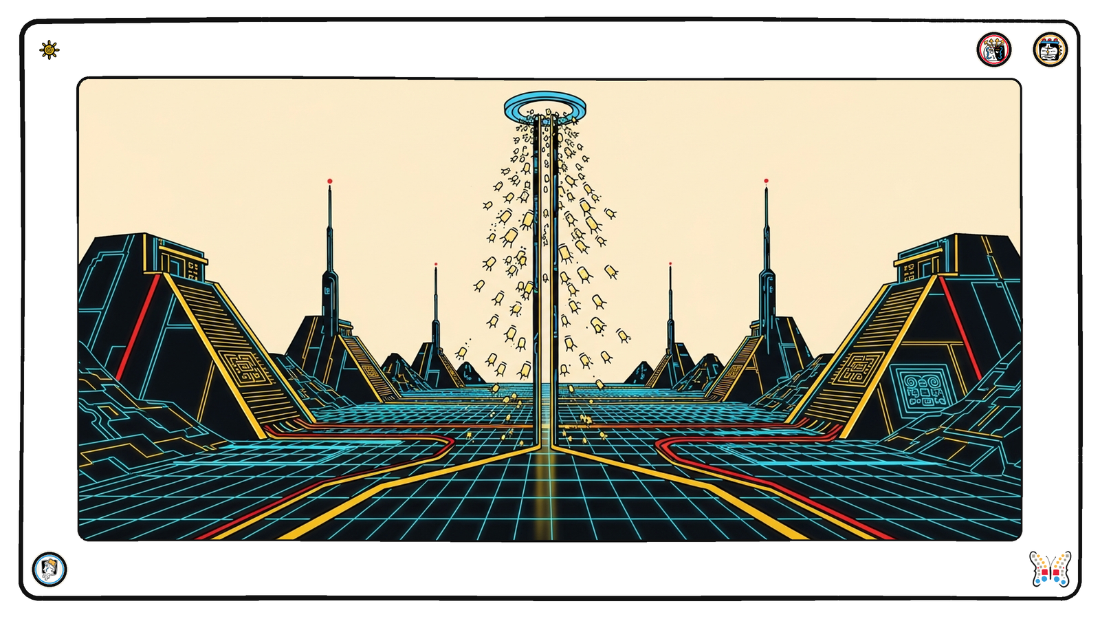 A single tall verification aperture alone on the vast dark grid, a dense stream of individual light-motes passing through it one at a time, five slender towers each feeding a beam into the one shared ring at its top.