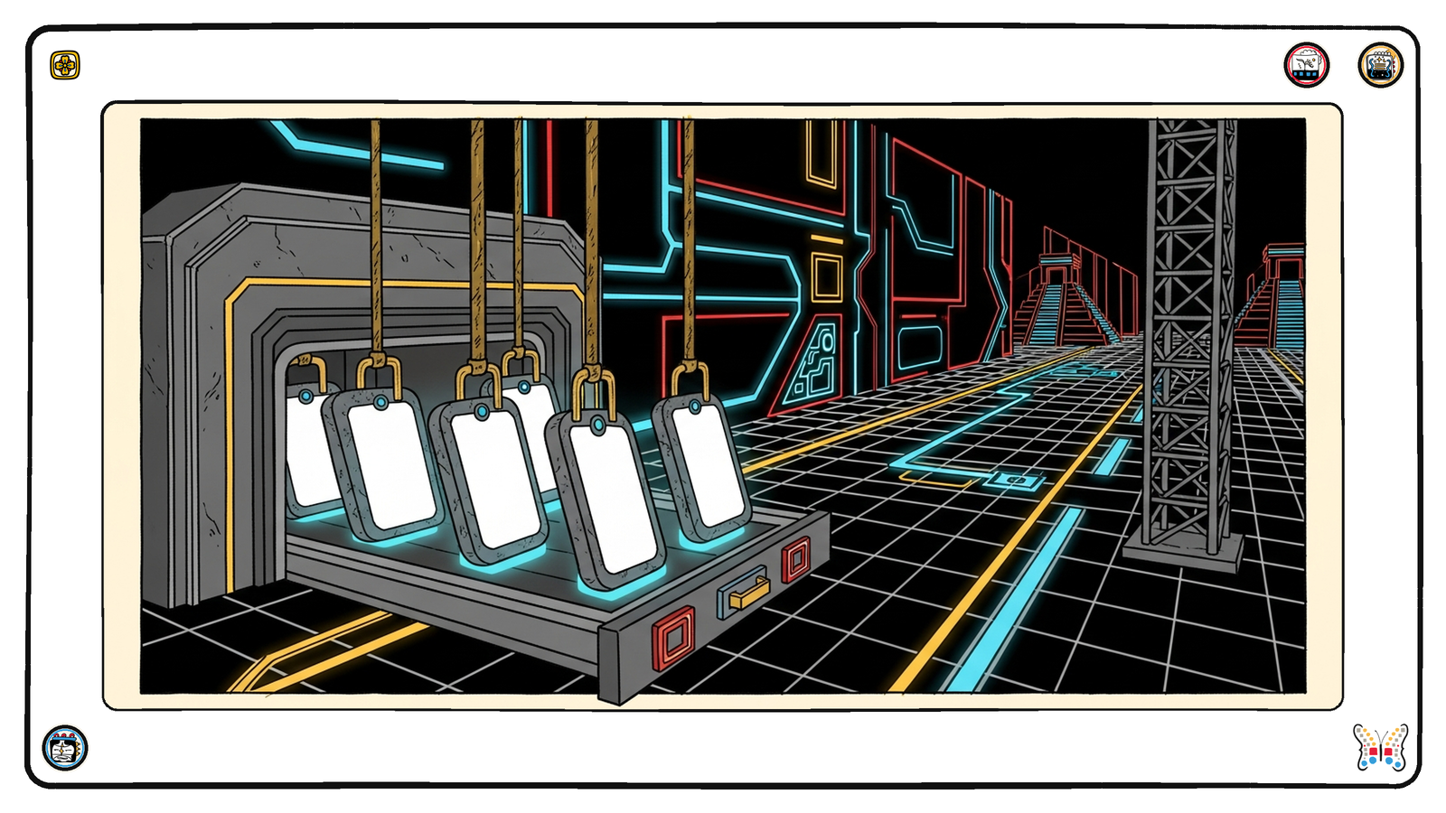 A deep vault drawer sliding open in the dark neon grid, four old weathered angular light-tablets lifted out of it and locking into empty sockets on a tall newly built lattice tower.