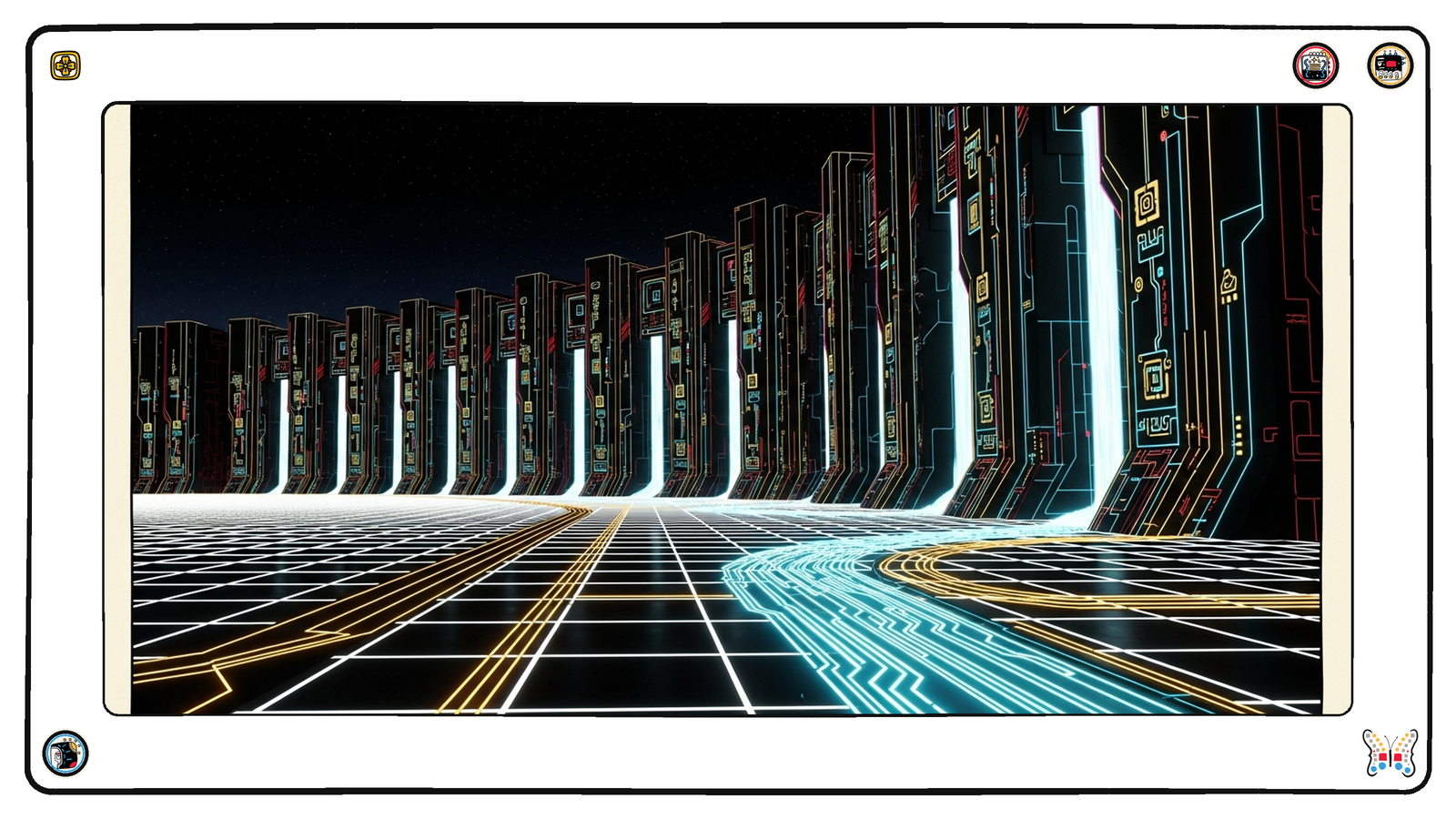 A service corridor running below the grid floor, a receding rank of tall dark bulkheads with light spilling between them, gold and cyan streams of telemetry curving along the plating underfoot into the distance.
