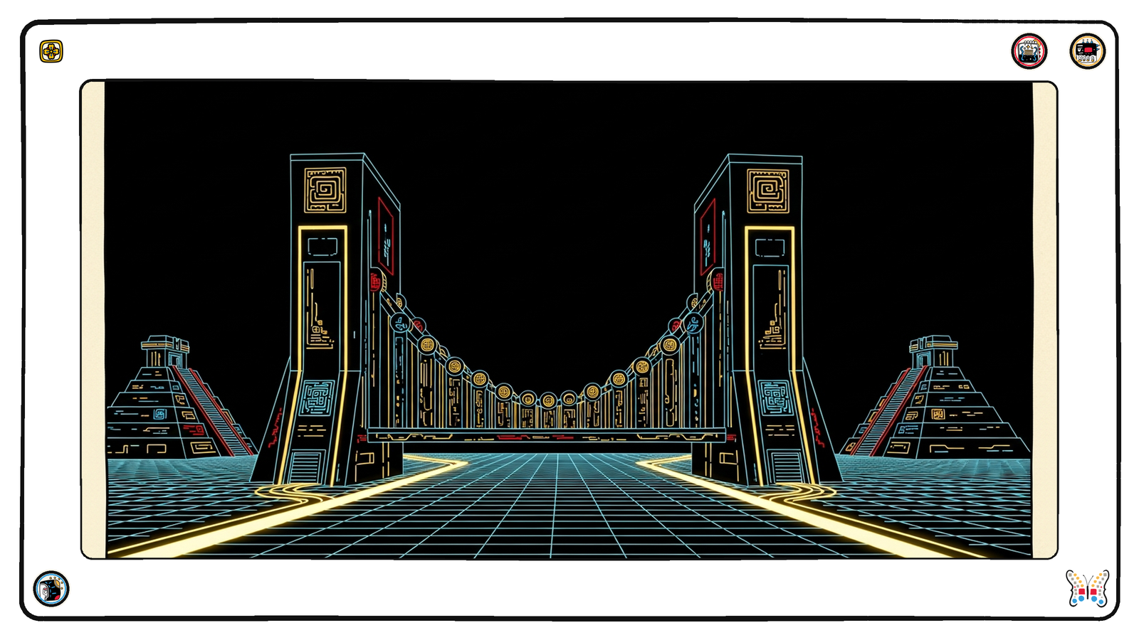 Two tall angular pylons rising from the neon grid under a near-black sky, a suspended span of glowing gold coins strung between them like a cable, a stepped pyramid standing on the far bank at either end.