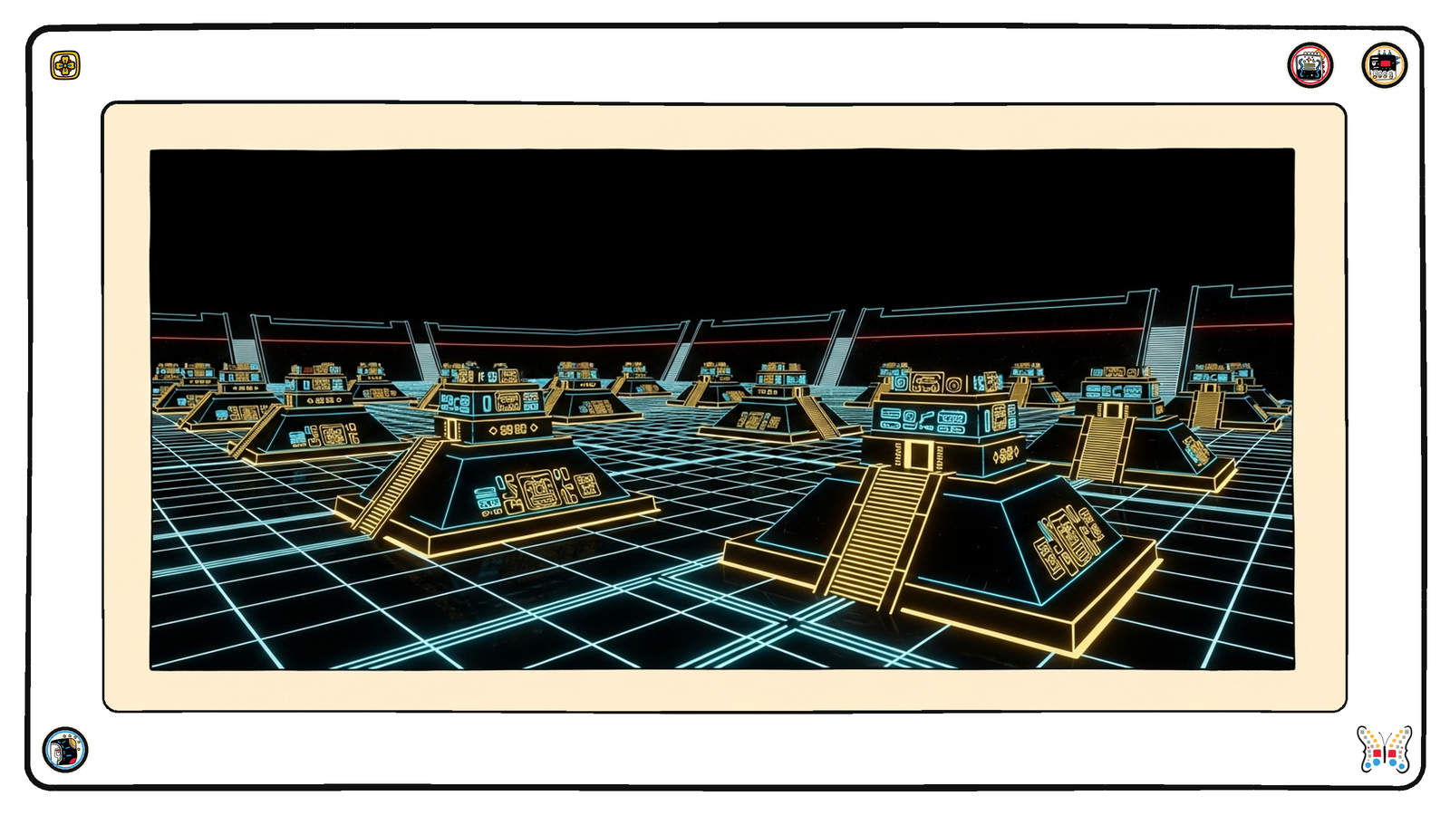 A wide bedrock plain under the neon grid carrying dozens of low gold-edged stepped platforms, each one a separate foundation footing, all of them lit and holding up a structure that is out of frame above.