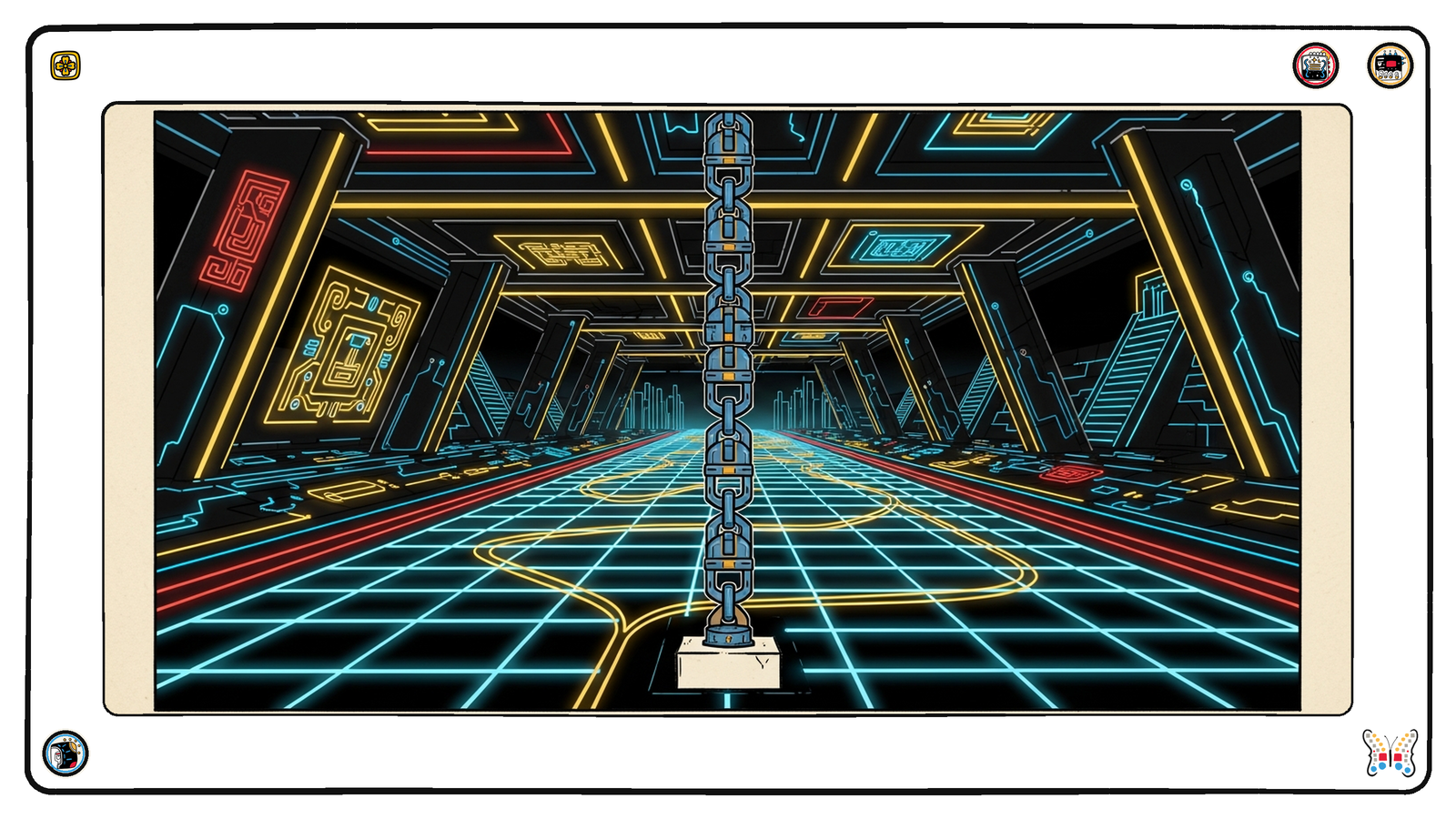 Inside a vaulted understructure lit gold and cyan, one massive chain rises from a blank white anchor block in the floor straight up through the ceiling, every link carrying the weight of the hall above it.