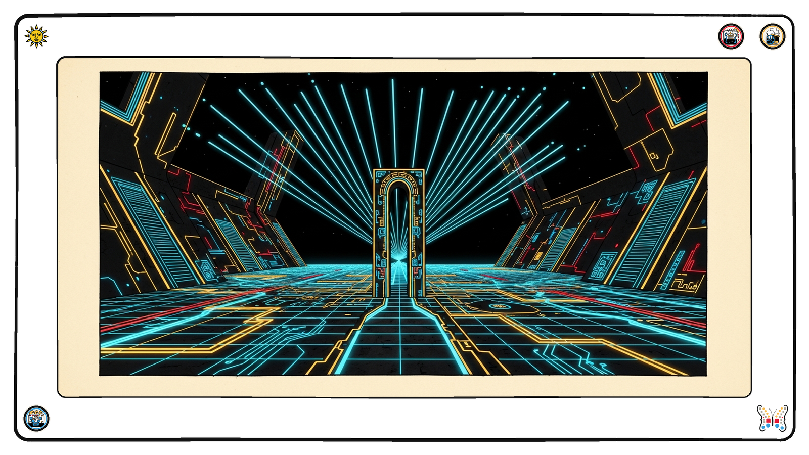 One narrow tall archway standing alone under a near-black sky on the dark neon grid, dozens of separate glowing cyan light-streams converging from every direction and funneling through that single opening.