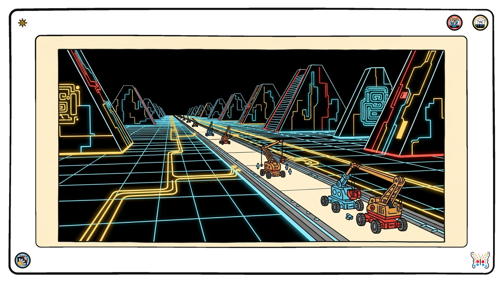 A long finished causeway of light stretching across the dark neon grid, small angular maintenance rigs moving along its length fitting identical standardized couplings into its seams.