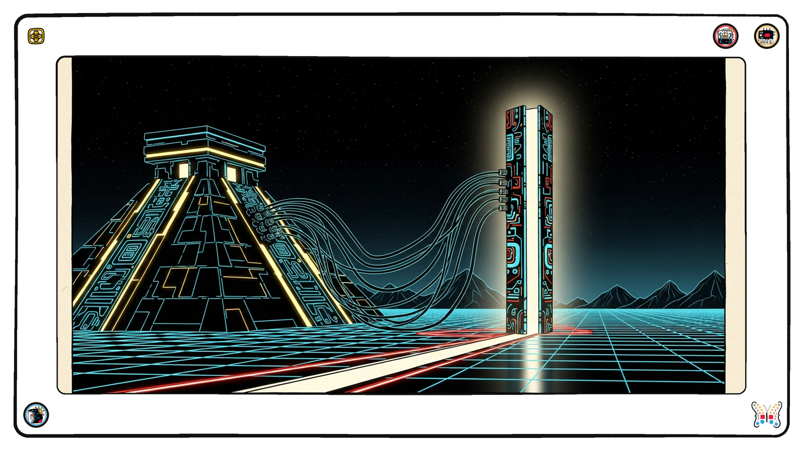 An intact glowing stepped pyramid and a lit monolith standing on the neon grid, a thick bundle of conduits strung between them gone dark and slack, severed ends hanging loose above the floor.