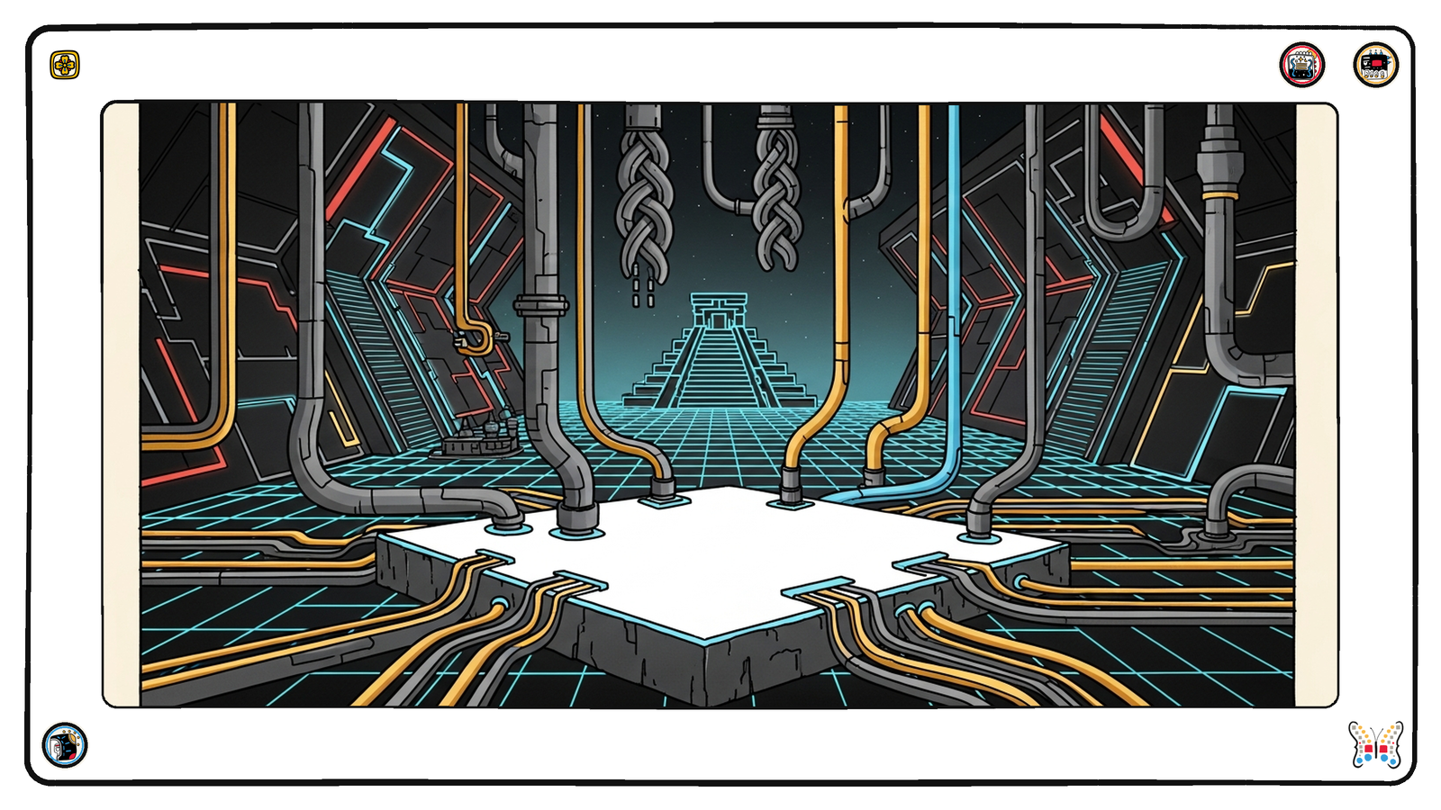 A foundation chamber underneath the neon grid, dozens of gold and grey conduits converging from every wall down into one blank white slab set into the floor, the distant grid city visible through the opening beyond.