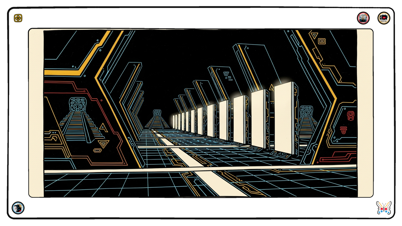 A long subterranean colonnade of tall blank monoliths receding into the dark, most of them unlit and cold, only a handful still glowing pale gold, the load-bearing grid running on past all of them.