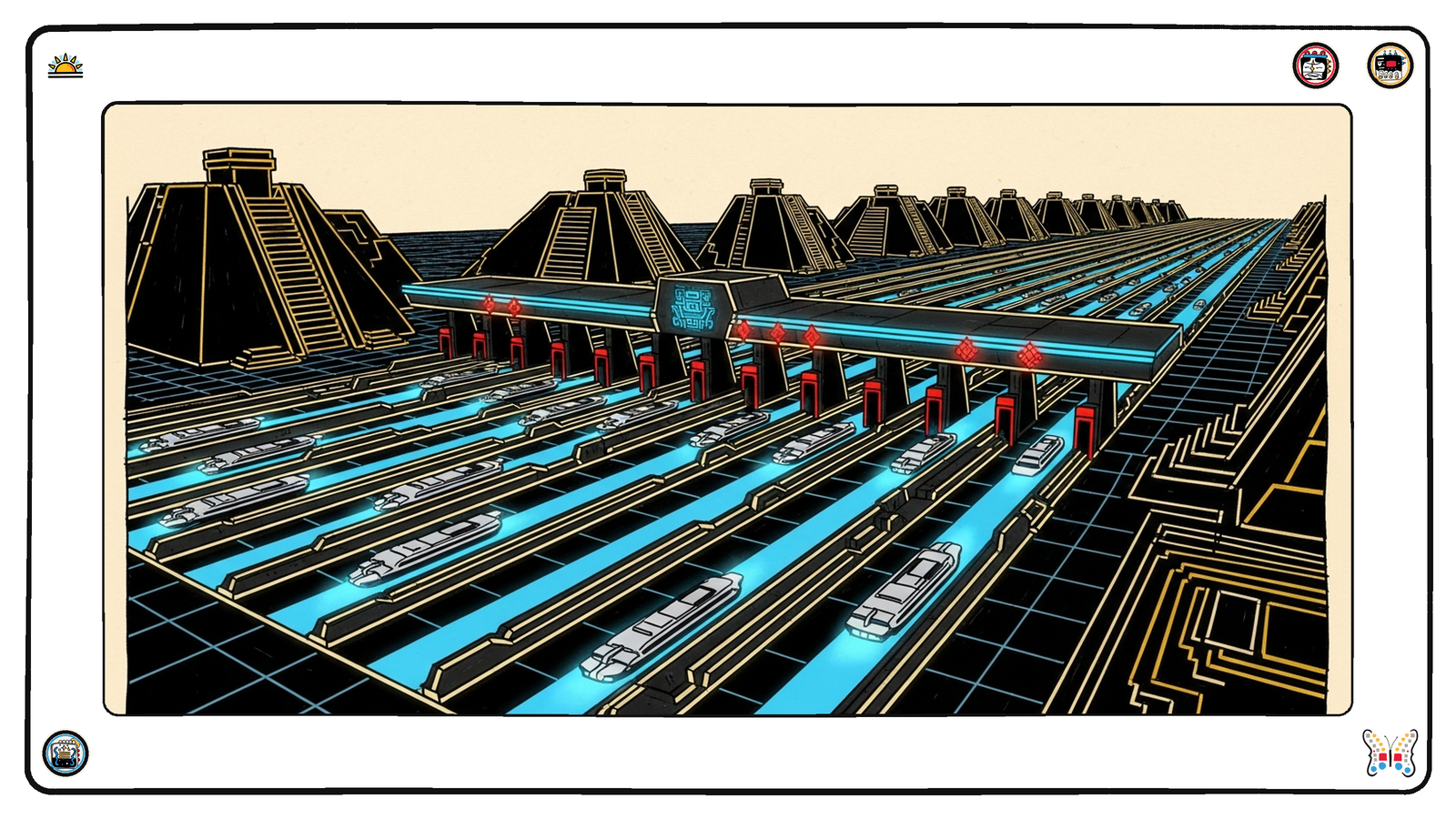 A wide toll plaza spanning the dark neon grid with many parallel lanes, some open and glowing cyan letting sleek light-vessels through freely, others barred with red glowing gates, identical vessels sorted into different lanes by an unseen rule.