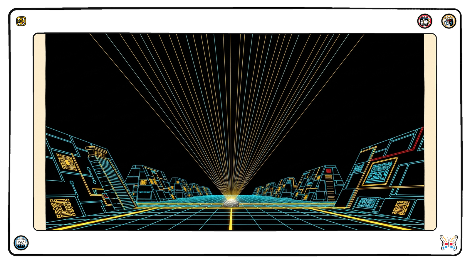 One small ancient glowing stone resting alone at the base of the dark neon grid, an enormous lattice of thin gold and cyan light beams rising and fanning out of it to fill the sky, every beam traceable back to that single origin.