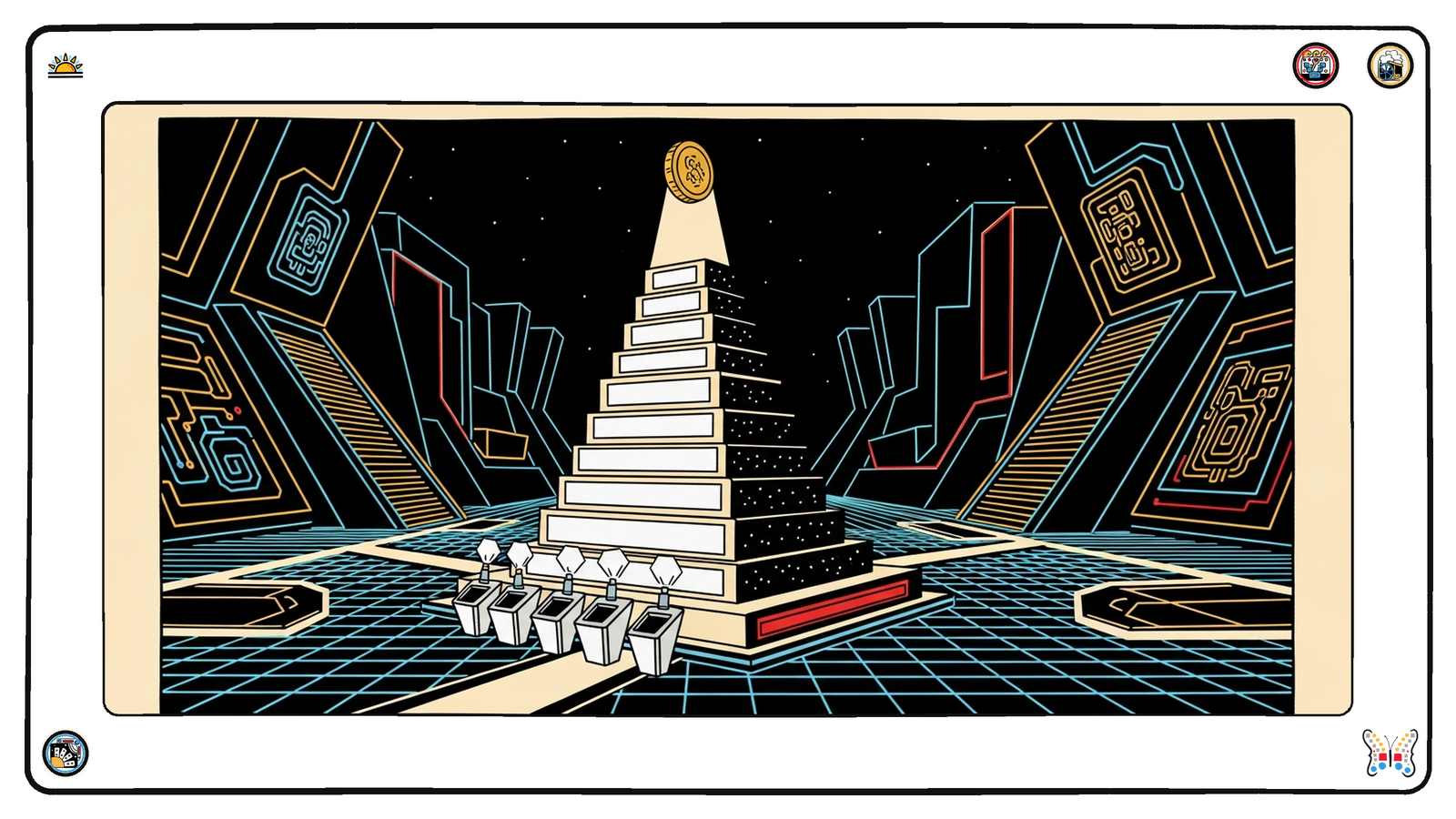 A tall tiered podium structure rising from the dark neon grid with many blank glowing rungs ascending it, small angular light-vessels queuing at its base to be measured, a single coin-like golden disc hovering above the top rung casting light down the tiers.