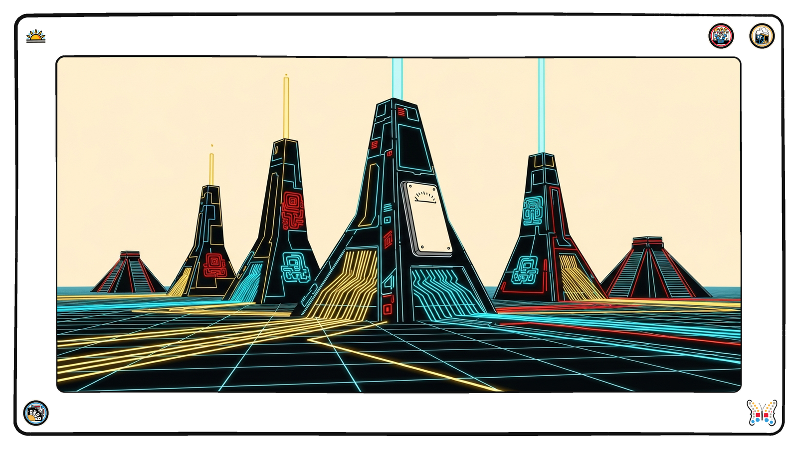 Four separate tall angular control spires on the dark neon grid merging into one enormous single spire, many differently-coloured light-streams entering its base and one clean cyan stream leaving its top, a smooth blank meter plate glowing on its side.