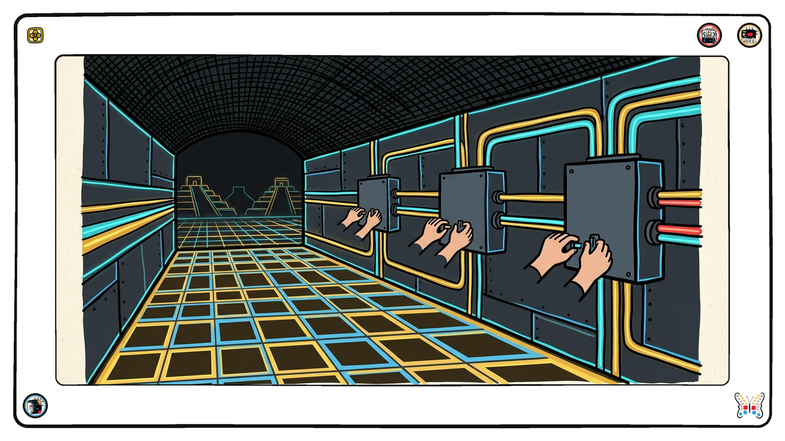 A service corridor deep under the grid floor, gold and cyan telemetry streams running along the plating, and at three junction boxes along its length a pair of human hands working the fittings directly.