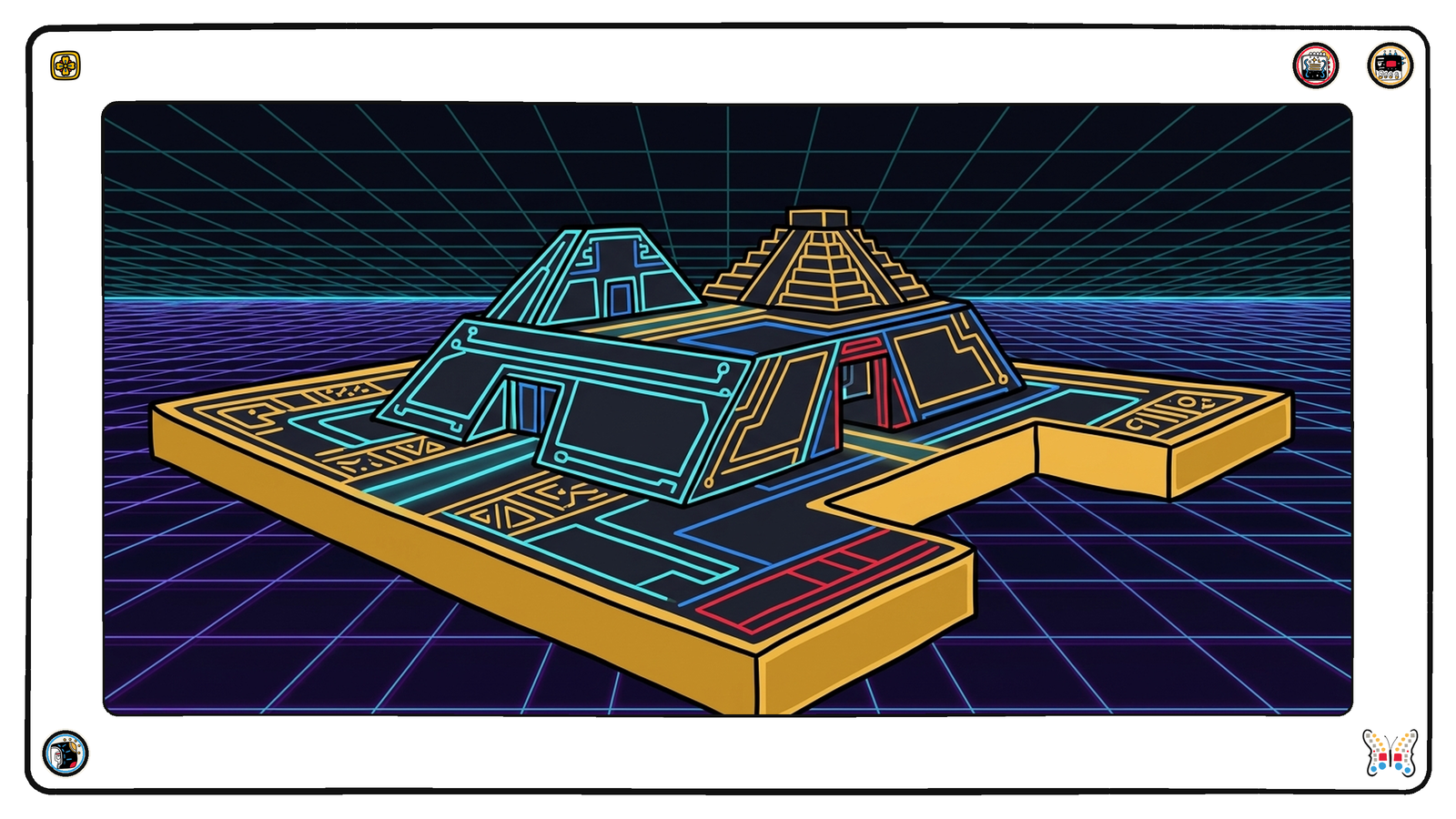 A massive gold-edged foundation slab beneath the neon grid with a large rectangular section cleanly cut out and removed from one end, the remaining slab intact, smaller and still carrying the structure above.