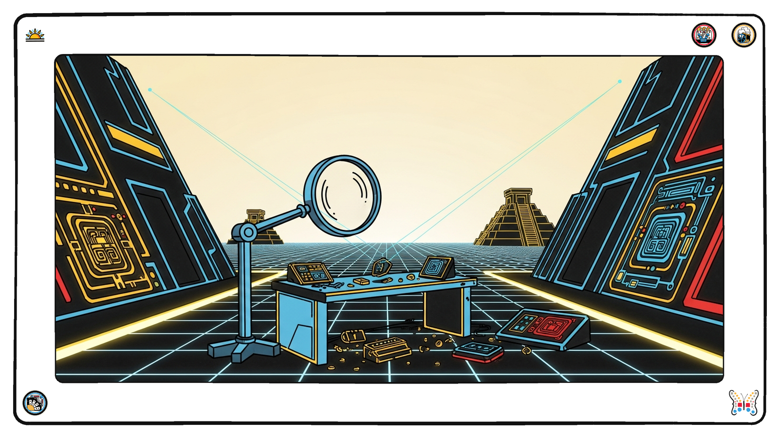 A lone angular workbench on the dark neon grid strewn with disassembled glowing components, a large magnifying lens on a stand focused on one small dark fragment, faint diagnostic beams radiating outward across an empty quiet plain.