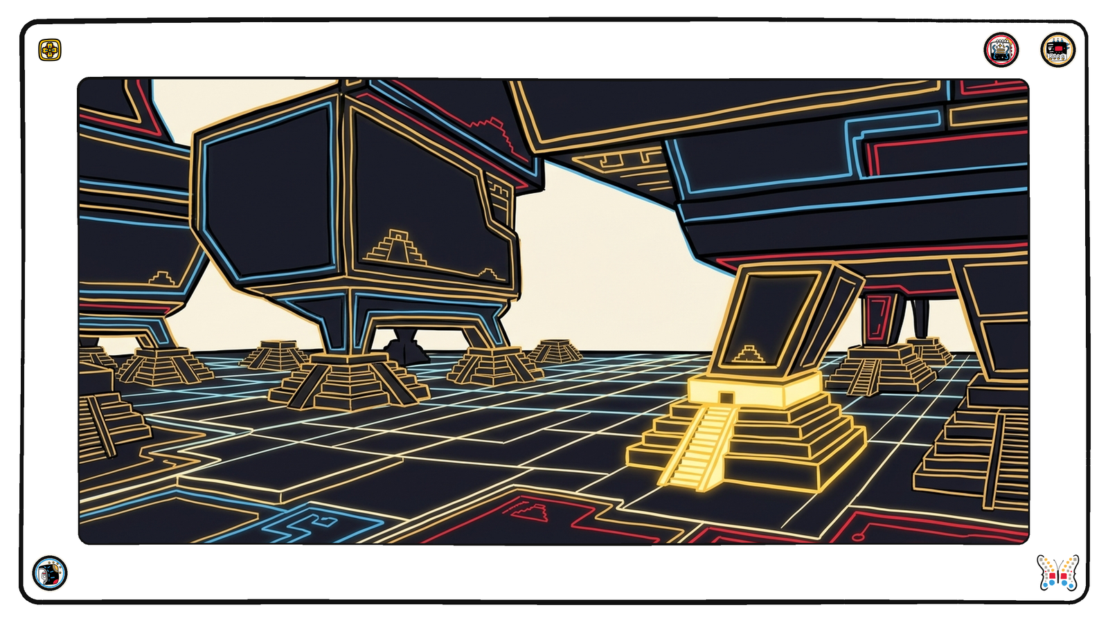 A wide bedrock plain beneath the neon grid carrying dozens of low gold-edged stepped footings, several of them newly cut and brighter than the rest, all of them holding up a structure out of frame above.